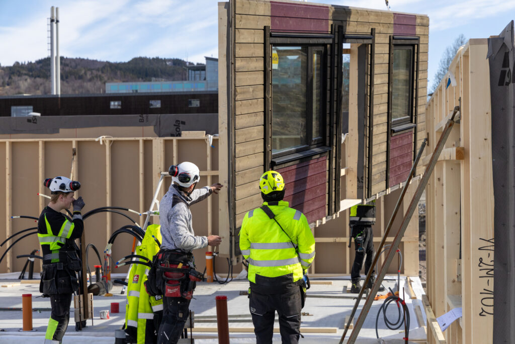 Montering av ferdige veggelementer på byggeplass med Talgø Tradbo løsninger.